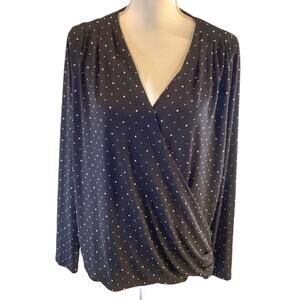 Banana Republic Print Matte Jersey Wrap Front Top Black/White Dot V-Neck Medium